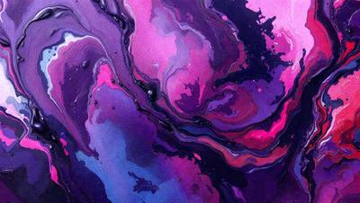 The primary subject of the image is a purple and pink painting with a swirling design. The setting is a canvas, and the visual style is a painting. The dominant colors in the painting are purple and pink, creating a warm and vibrant atmosphere.