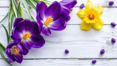 Purple flowers are the primary subject of the image. They are arranged on a white surface, which could be a table or a wall. The flowers are placed in a vase, and there are also some yellow flowers in the scene. The visual style of the image is a photo, and the dominant colors are purple and white. The overall atmosphere of the image is calm and serene.