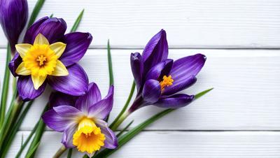 The primary subject of the image is a bouquet of purple and yellow flowers. The flowers are arranged in a vase, and they are placed on a white surface, which could be a table or a wall. The visual style of the image is a photo, capturing the beauty of the flowers in their natural setting. The colors of the flowers are predominantly purple and yellow, creating a vibrant and lively atmosphere.