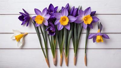 The primary subject of the image is a bouquet of purple and yellow flowers. The flowers are arranged in a vase and are placed on a white surface, which could be a table or a wall. The visual style of the image is a close-up of the flowers, showcasing their vibrant colors and details. The overall atmosphere of the image is fresh and lively, with the flowers serving as a beautiful and colorful focal point.