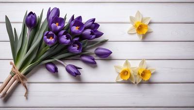 The primary subject of the image is a bouquet of purple and yellow flowers. The flowers are arranged on a white surface, which could be a table or a wall. The setting appears to be indoors, with the flowers placed in a vase or a decorative arrangement. The visual style of the image is a close-up of the flowers, showcasing their beauty and details. The dominant colors in the image are purple and yellow, creating a warm and inviting atmosphere.