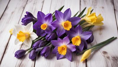 The primary subject of the image is a bouquet of purple and yellow flowers. The flowers are arranged in a vase, creating a visually appealing display. The setting is a white table, which serves as a clean and neutral backdrop for the flowers. The visual style of the image is a close-up of the flowers, allowing the viewer to appreciate the details of the bouquet. The dominant colors in the image are purple and yellow, which create a warm and inviting atmosphere.