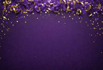 Purple background with gold confetti.