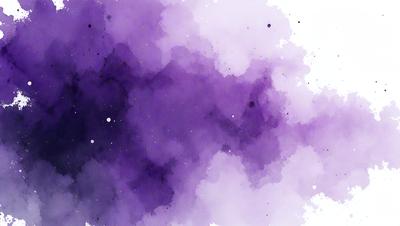 The primary subject of the image is a purple and white cloud. The setting is a purple background, and the visual style is a watercolor painting. The colors and mood of the image are predominantly purple and white, creating a serene and calming atmosphere.