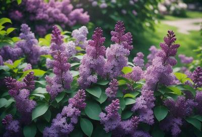 The primary subject of the image is a group of purple flowers, which are the main focus of the scene. The flowers are set against a backdrop of green leaves, creating a vibrant and lush atmosphere. The visual style of the image is a close-up of the flowers, showcasing their beauty and details. The dominant colors in the image are purple and green, which contribute to a serene and calming mood.