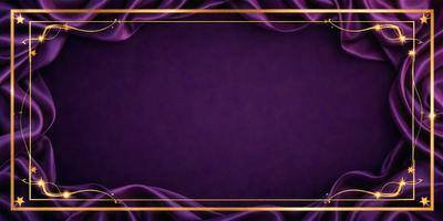 The primary subject of the image is a purple background with a gold frame. The setting is a stage or a theater, as indicated by the gold curtains. The visual style is a combination of digital art and illustration, creating a unique and eye-catching design. The colors and mood of the image are predominantly purple and gold, giving it a sophisticated and elegant appearance.