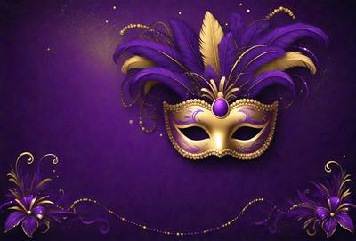 The primary subject of the image is a gold and purple mask, which is the main object, scene, or focus of the image. The mask is placed on a purple background, which serves as the setting or backdrop. The visual style of the image is digital art, as it is a well-designed and detailed illustration. The dominant colors in the image are gold and purple, creating a rich and luxurious atmosphere.