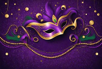 The primary subject of the image is a purple mask, which is the main object, scene, or focus of the image. The mask is adorned with gold and purple colors, giving it a lavish and elegant appearance. The setting or background of the image features a purple background, which complements the mask's color scheme. The visual style of the image is digital art, as it is a well-crafted and detailed illustration. The colors and mood of the image are predominantly purple and gold
