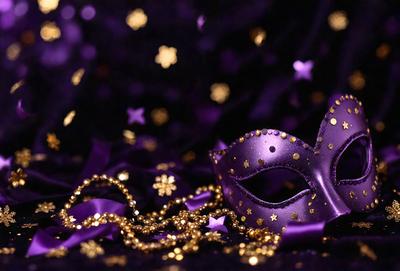 The primary subject of the image is a purple and gold decorative mask. The mask is adorned with gold stars and is placed on a purple background. The setting appears to be a dark room, creating a dramatic atmosphere. The visual style of the image is a combination of digital art and illustration, giving it a unique and eye-catching appearance. The dominant colors in the image are purple and gold, creating a luxurious and elegant mood.