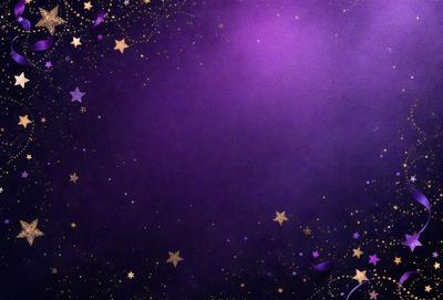 The primary subject of the image is a purple background with a star pattern. The setting is a night sky, and the visual style is a digital art or illustration. The dominant colors are purple and gold, creating a warm and inviting atmosphere.
