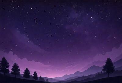 The primary subject of the image is the night sky filled with stars. The setting is a mountainous landscape, with a purple hue to the sky. The visual style is a digital art or illustration, creating a serene and peaceful atmosphere. The colors and mood are predominantly purple, with the stars adding a sense of wonder and tranquility to the scene.