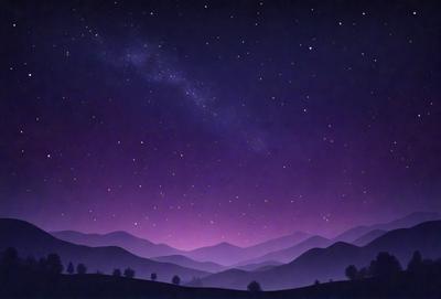 The primary subject of the image is the night sky, which is filled with stars. The setting is a mountainous landscape, with a purple hue to the sky. The visual style is a combination of a photo and digital art, creating a unique and captivating scene. The colors and mood of the image are predominantly purple, giving it a serene and peaceful atmosphere.
