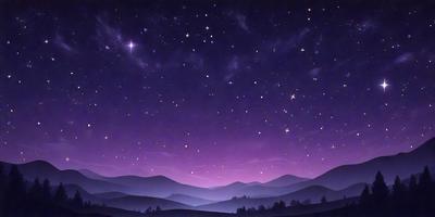 The primary subject of the image is the night sky filled with stars. The setting is a mountainous landscape, with the mountains visible in the background. The visual style is a digital art or illustration, creating a serene and peaceful atmosphere. The dominant colors are purple and blue, with the purple hue creating a sense of calmness and tranquility.