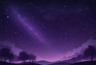 The primary subject of the image is a night sky filled with stars. The setting is a hillside with trees, creating a serene and peaceful atmosphere. The visual style is a digital art or illustration, showcasing the beauty of the night sky and the surrounding landscape. The colors and mood are predominantly purple and dark, with the stars providing a sense of wonder and tranquility.