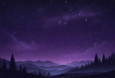 The primary subject of the image is a nighttime scene featuring a starry sky with a purple hue. The setting is a mountainous area with a forest in the foreground. The visual style is a combination of digital art and illustration, creating a captivating and serene atmosphere. The dominant colors are purple and black, with the purple hue adding a sense of mystery and tranquility to the scene.