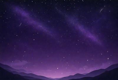 The primary subject of the image is the night sky, which is filled with stars. The setting is a mountainous landscape, with the mountains visible in the background. The visual style is a combination of a photo and digital art, creating a unique and captivating scene. The colors and mood of the image are predominantly purple, giving it a serene and peaceful atmosphere.