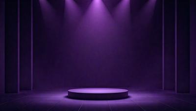 The primary subject of the image is a purple stage with a circular platform in the center. The stage is illuminated by purple lights, creating a dramatic and moody atmosphere. The setting is a black stage, which contrasts with the purple lights and the circular platform. The visual style of the image is a combination of digital art and photography, creating a unique and captivating scene. The colors and mood of the image are predominantly purple, which adds to the dramatic and artistic nature of