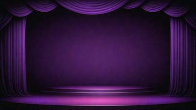The primary subject of the image is a purple stage with a purple curtain. The stage is empty, and the curtain is drawn back, revealing the purple backdrop. The visual style of the image is digital art, and the colors and mood convey a sense of drama and sophistication.