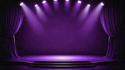 The primary subject of the image is a purple stage with a purple background. The stage is illuminated by purple lights, creating a dramatic and moody atmosphere. The setting is a theater or a stage, and the visual style is a combination of digital art and photography. The colors and mood of the image are predominantly purple, giving it a unique and artistic appearance.