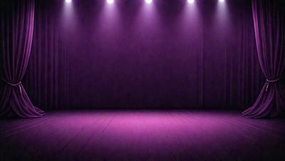 The primary subject of the image is a purple stage with a purple curtain. The setting is a theater, and the visual style is a photo. The dominant colors and overall atmosphere are purple, creating a dramatic and moody ambiance.