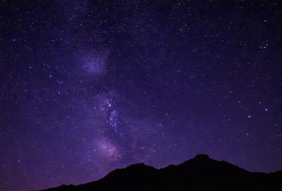 The primary subject of the image is the night sky filled with stars. The setting is a mountainous area, with the mountains visible in the background. The visual style is a photo of the night sky, capturing the beauty of the stars and the mountain range. The colors and mood of the image are predominantly dark and serene, with the stars and the mountain range creating a sense of wonder and tranquility.