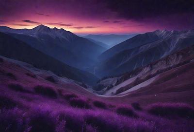 The image features a beautiful mountain range with a purple hue, creating a serene and picturesque scene. The mountains are covered in purple flowers, adding a touch of color to the otherwise natural landscape. The sun is setting in the background, casting a warm glow over the scene. The overall atmosphere is one of tranquility and natural beauty.