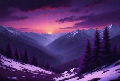 The primary subject of the image is a beautiful mountain range with a purple hue. The setting is a snowy mountain landscape, and the visual style is a painting or drawing. The colors and mood of the image are predominantly purple, creating a serene and peaceful atmosphere.