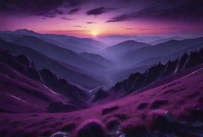 The primary subject of the image is a beautiful mountain range with purple grass and a sunset in the background. The setting is a mountainous landscape with a purple hue, creating a serene and picturesque scene. The visual style is a combination of photo and digital art, resulting in a stunning and realistic representation of the mountain range. The colors and mood of the image are predominantly purple, giving it a calming and peaceful atmosphere.