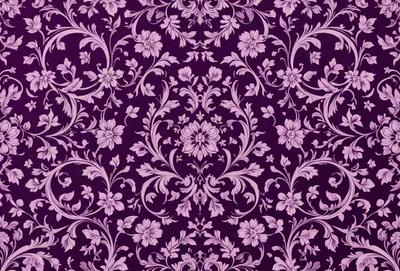 The primary subject of the image is a purple floral patterned fabric. The setting is a close-up of the fabric, showcasing the intricate design and colors. The visual style is a detailed, artistic representation of the fabric, possibly as a digital art or illustration. The colors and mood of the image are predominantly purple, with a touch of green, creating a calm and elegant atmosphere.
