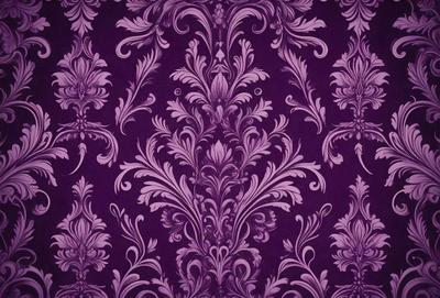 The primary subject of the image is a purple and white floral patterned wallpaper. The setting is a room with a purple wall, and the visual style is a close-up of the wallpaper. The colors and mood of the image are predominantly purple and white, creating a calm and elegant atmosphere.