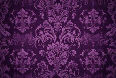 The primary subject of the image is a purple and white floral patterned wallpaper. The setting is a room with a purple wall, and the visual style is a close-up of the wallpaper. The colors and mood of the image are predominantly purple and white, creating a calm and elegant atmosphere.