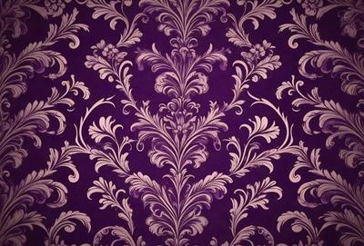The primary subject of the image is a purple and white floral patterned wallpaper. The setting is a room with a purple wall, and the visual style is a close-up of the wallpaper. The colors and mood of the image are predominantly purple and white, creating a calm and elegant atmosphere.