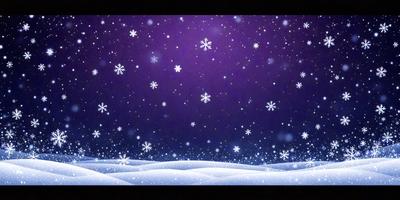 The primary subject of the image is a snowy landscape with a purple sky. The setting is a winter scene with a snow-covered ground and a nighttime atmosphere. The visual style is a digital art or illustration, creating a beautiful and serene environment. The colors and mood are predominantly purple and blue, giving the scene a calm and peaceful ambiance.
