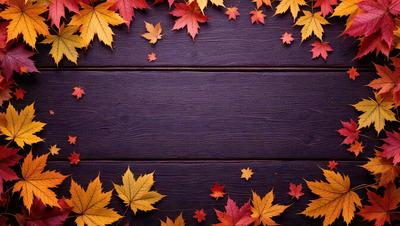 The primary subject of the image is a wooden surface with a purple background. The setting is a wooden floor with a pile of leaves scattered on it. The visual style is a photo, and the colors and mood are dominated by the purple background and the warm, earthy tones of the leaves.