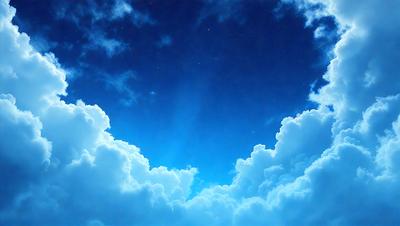 The primary subject of the image is a beautiful blue sky filled with clouds. The setting is a clear day with a cloudy sky, creating a serene atmosphere. The visual style is a natural, outdoor scene, with no indication of being a photo, digital art, illustration, drawing, pattern, texture, or clipart. The colors and mood are predominantly blue, with a hint of white from the clouds, creating a sense of calmness and tranquility.