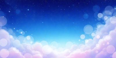 The primary subject of the image is a blue sky filled with white clouds. The setting is a nighttime sky, with the stars visible in the background. The visual style is a digital art or illustration, creating a serene and peaceful atmosphere. The dominant colors are blue and white, with the clouds adding a touch of pink.