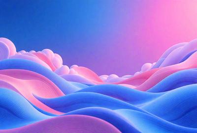 The primary subject of the image is a vibrant, colorful, and abstract landscape. The setting is a sky with clouds, and the visual style is a combination of digital art and illustration. The colors and mood of the image are predominantly pink, blue, and purple, creating a sense of tranquility and beauty.
