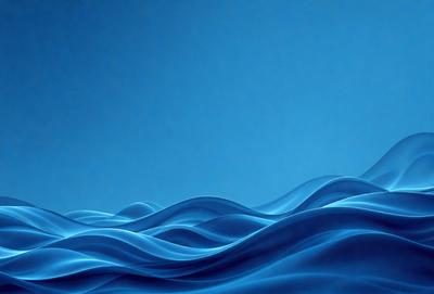 The primary subject of the image is a blue ocean with waves. The setting is a blue background, which creates a serene and calming atmosphere. The visual style is a digital art, as the waves are depicted in a fluid and dynamic manner. The dominant colors are blue and white, which contribute to the overall mood of the image.