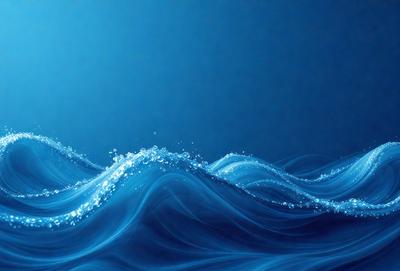 The primary subject of the image is a blue ocean with waves. The setting is a clear blue sky, and the visual style is a digital art or illustration. The dominant colors are blue and white, creating a serene and calming atmosphere.