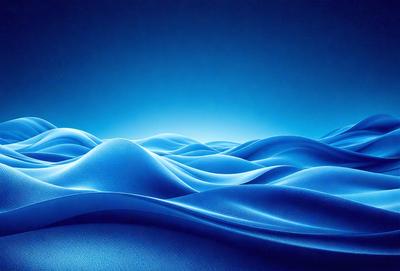 The primary subject of the image is a blue ocean with waves. The setting is a dark blue background, which creates a contrasting effect with the ocean waves. The visual style is a digital art or illustration, as the waves are depicted in a fluid and dynamic manner. The colors and mood of the image are predominantly blue, creating a serene and calming atmosphere.