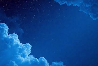 The primary subject of the image is a cloudy night sky with a few stars visible. The setting is a dark, cloudy night, and the visual style is a digital art or illustration. The colors and mood of the image are predominantly dark and moody, with the blue hues of the night sky and the cloudy atmosphere creating a sense of mystery and tranquility.