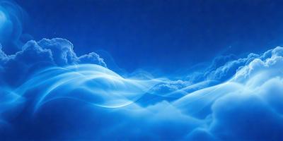 The primary subject of the image is a blue ocean with waves. The setting is a cloudy sky, which serves as the backdrop for the ocean. The visual style is a digital art or illustration, creating a vibrant and dynamic scene. The dominant colors are blue and white, with the blue ocean and white clouds creating a serene and calming atmosphere.