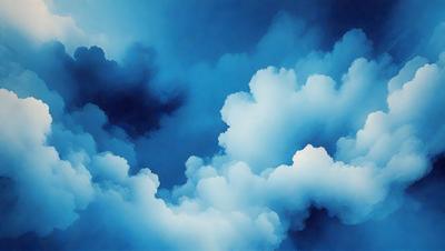 The primary subject of the image is a cloudy blue sky with white clouds. The setting is a vast, open sky, and the visual style is a painting or drawing. The colors and mood are predominantly blue and cloudy, creating a serene and peaceful atmosphere.