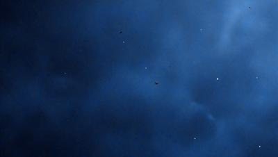 The primary subject of the image is a blue sky filled with stars. The setting is a cloudy night, and the visual style is a photo. The sky is the dominant color, and the overall atmosphere is serene and peaceful.