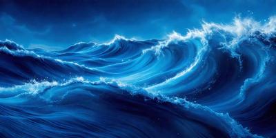 The primary subject of the image is a large, blue ocean wave. The setting is a dark blue sky, which creates a dramatic backdrop for the wave. The visual style is a digital art or illustration, as the wave is depicted in a detailed and artistic manner. The dominant colors are blue and black, giving the image a moody and dramatic atmosphere.