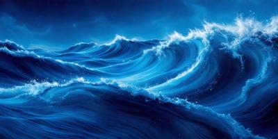 The primary subject of the image is a large, blue ocean wave. The setting is a dark blue sky, which creates a dramatic backdrop for the wave. The visual style is a digital art or illustration, as the wave is depicted in a detailed and artistic manner. The dominant colors are blue and black, giving the image a moody and dramatic atmosphere.