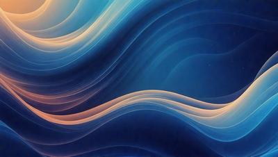 The primary subject of the image is a blue ocean with waves. The setting is a blue sky, and the visual style is a digital art or illustration. The dominant colors are blue and orange, creating a serene and calming atmosphere.