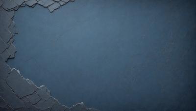 The primary subject of the image is a blue wall with a cracked and chipped surface. The setting is a room with a blue background. The visual style is a photo, and the dominant colors are blue and grey. The overall atmosphere is somewhat dull and aged, possibly due to the damage on the wall.