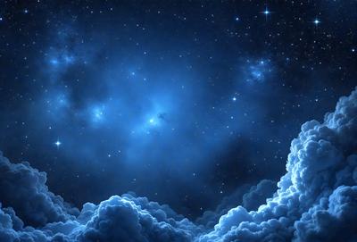 The primary subject of the image is a night sky filled with stars. The setting is a dark, cloudy night with a few clouds visible in the sky. The visual style is a digital art or illustration, creating a sense of depth and beauty in the scene. The colors and mood are predominantly dark and moody, with the stars and clouds providing a sense of wonder and mystery.