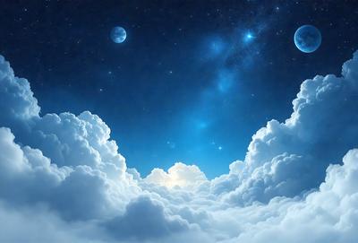 The primary subject of the image is a cloudy night sky filled with stars. The setting is a dark, cloudy night with a few moons visible in the sky. The visual style is a digital art or illustration, creating a surreal and dreamy atmosphere. The colors are predominantly dark and blue, with the stars adding a touch of brightness to the scene.